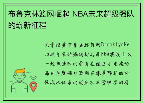 布鲁克林篮网崛起 NBA未来超级强队的崭新征程